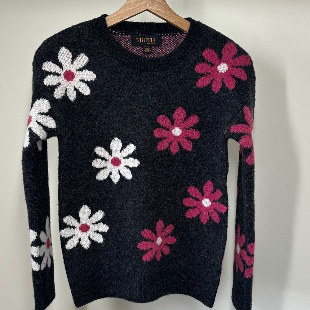 Truth By Republic Black Sweater with Pink and White Floral Accents xsmall